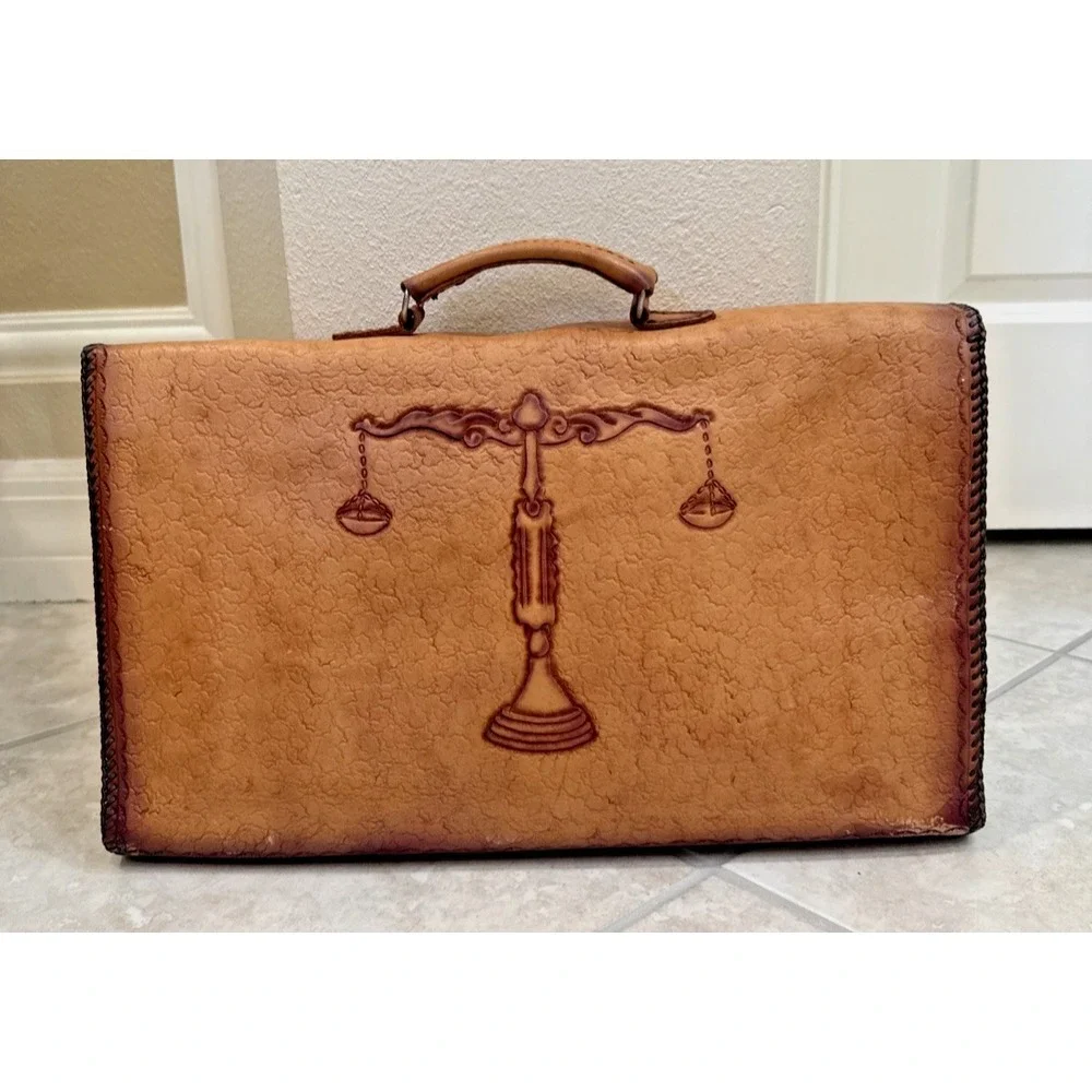 VTG Handmade Embossed Leather Portfolio Organizer Document Bag Layer Attaché